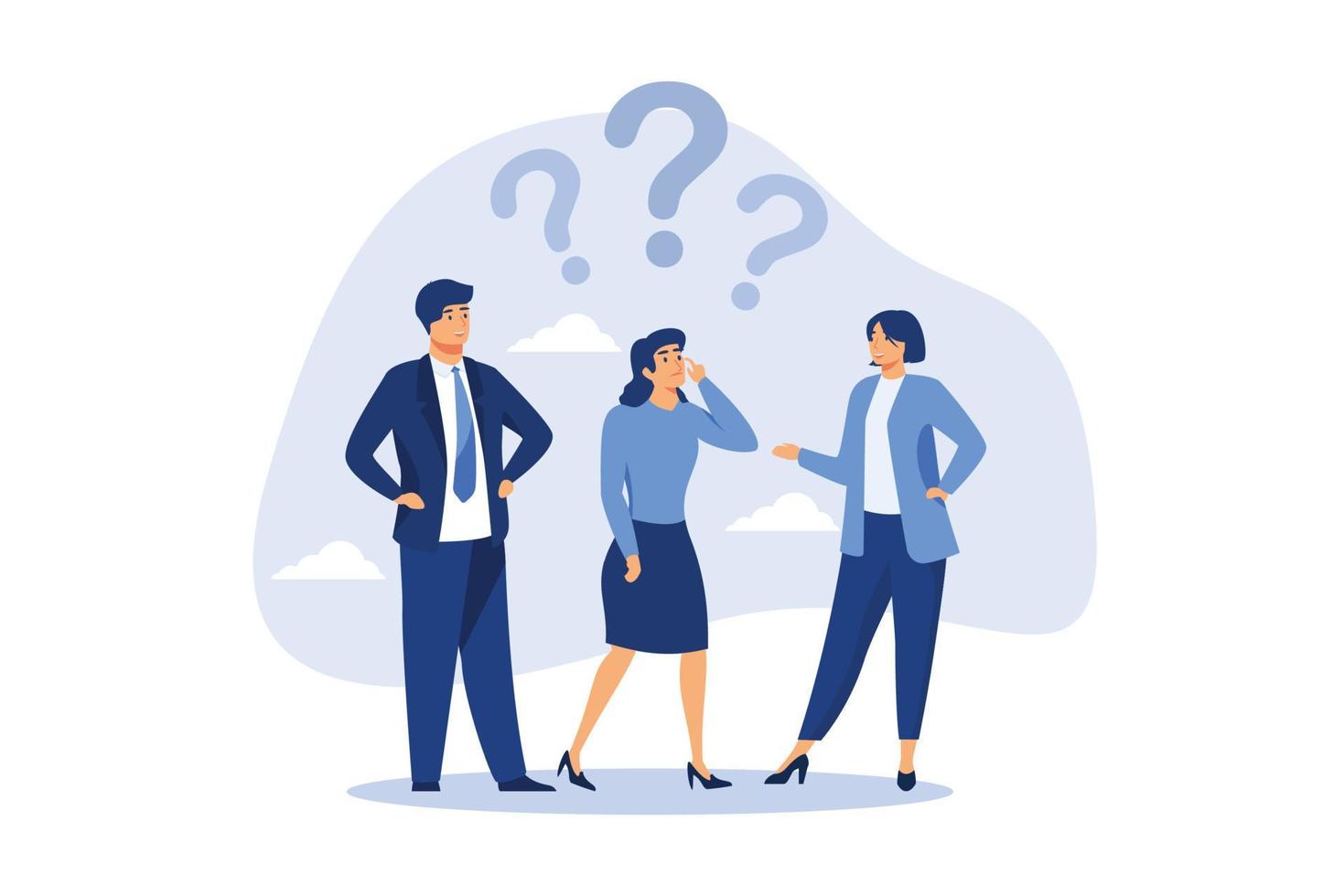 Confused business team finding answer or solution to solve problem, work question or doubt and suspicion in work process concept, businessman and woman team thinking with question mark symbol. vector