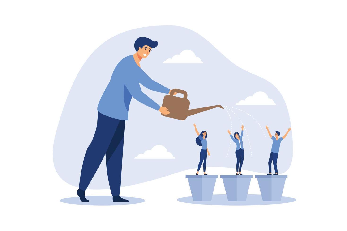 Talent development, career growth, training or coaching staff develop skill, employee improvement, HR human resources concept, businessman manager watering growth talented staff in grow seedling pot. vector