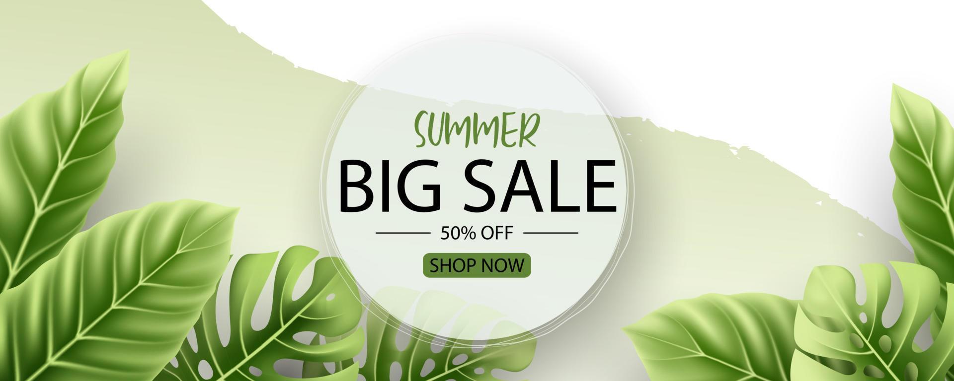 Summer sale banner design with tropical leaves background vector