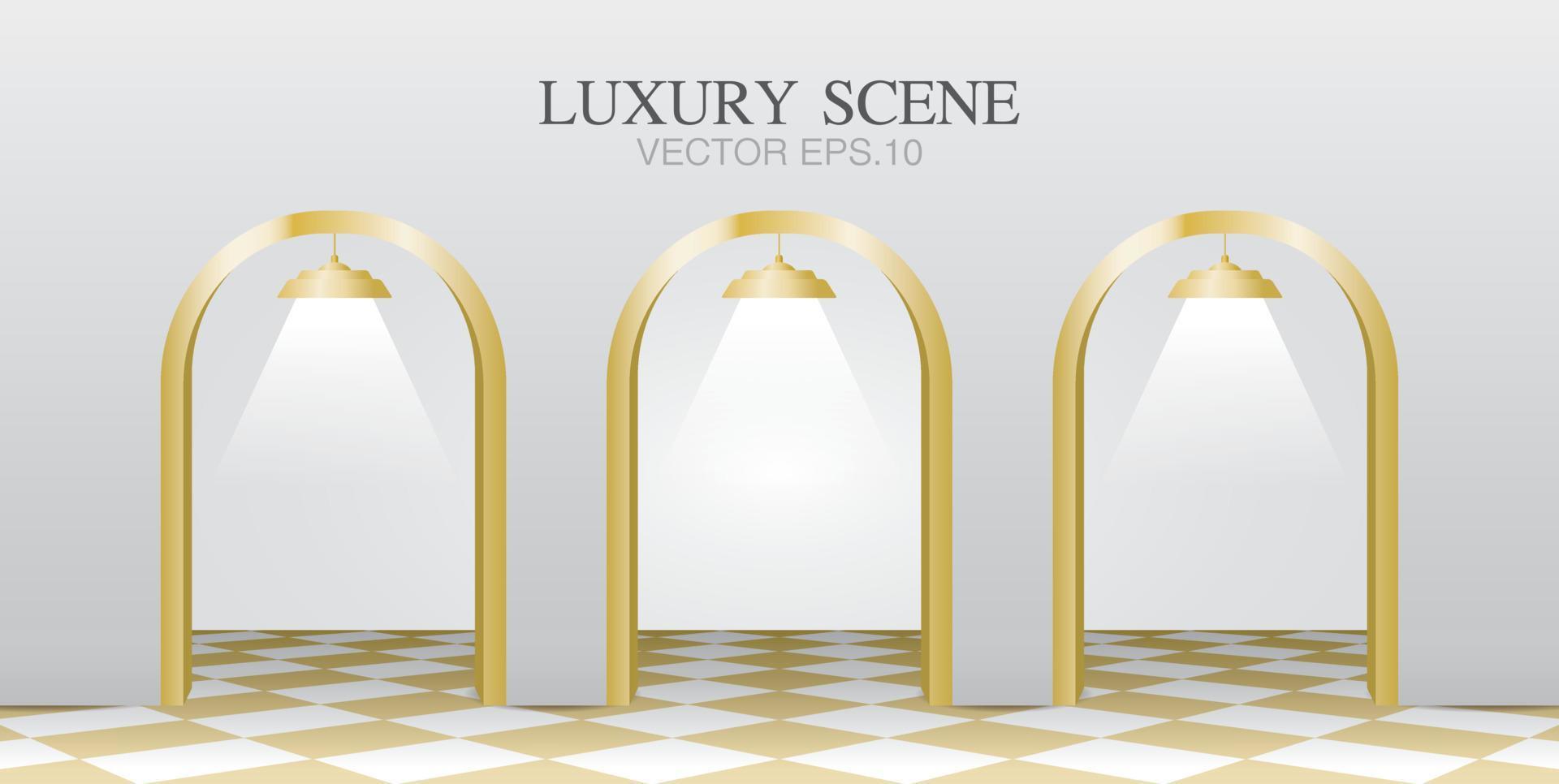 luxury scene contains golden arch and chess pattern floor 3D illustration vector for putting your object.