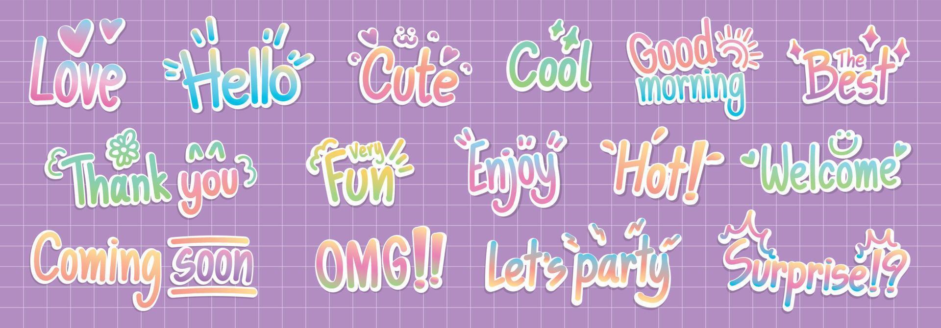 Cute and bright word stickers vector set in freehand drawing style.