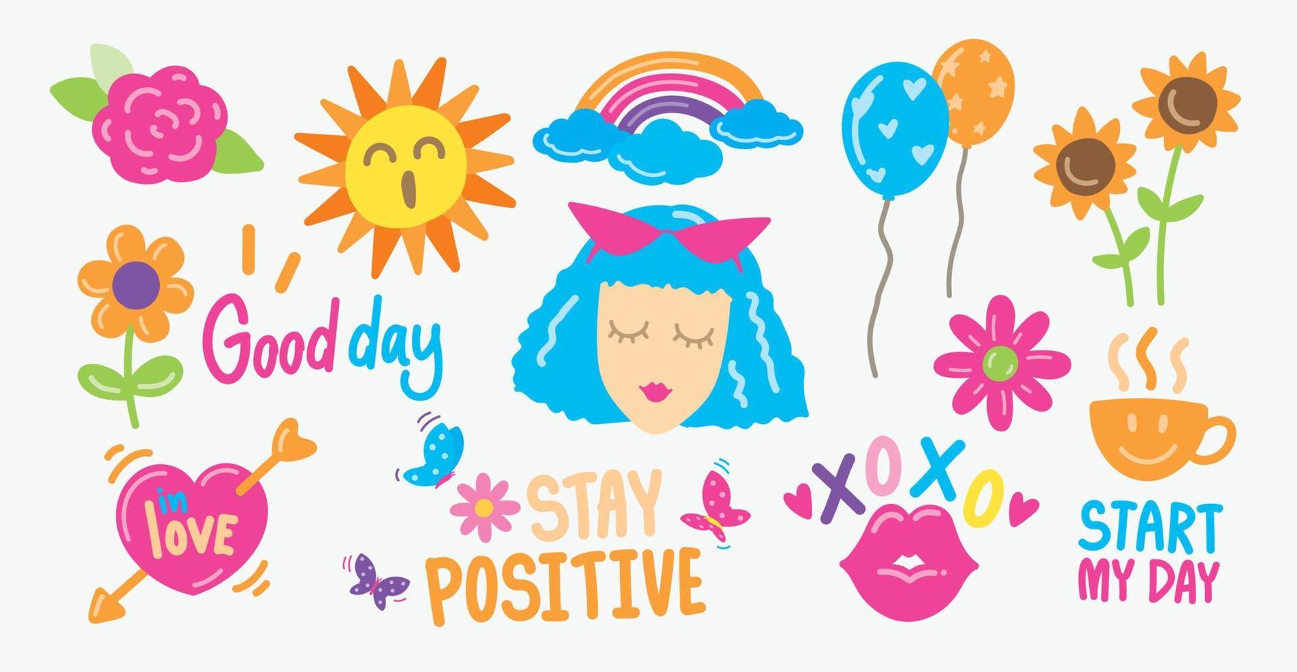 Girly hand drawn stickers vector set with positive words.