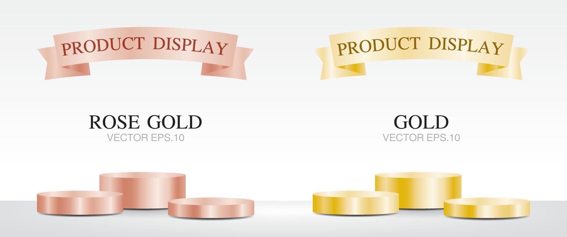 Rose gold and gold podium 3d illustration vector with ribbon sign for putting your object.