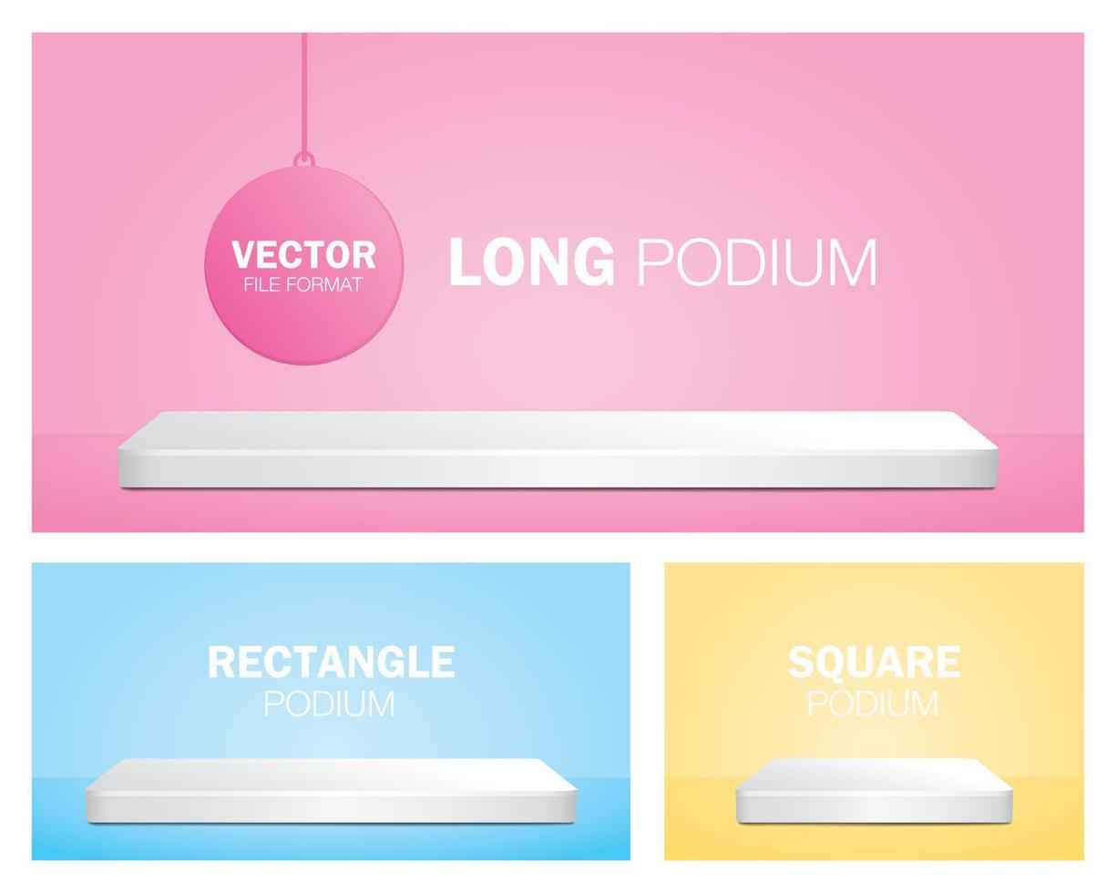 product podium 3D illustration vector set consists of long podium, rectangle podium and square podium.