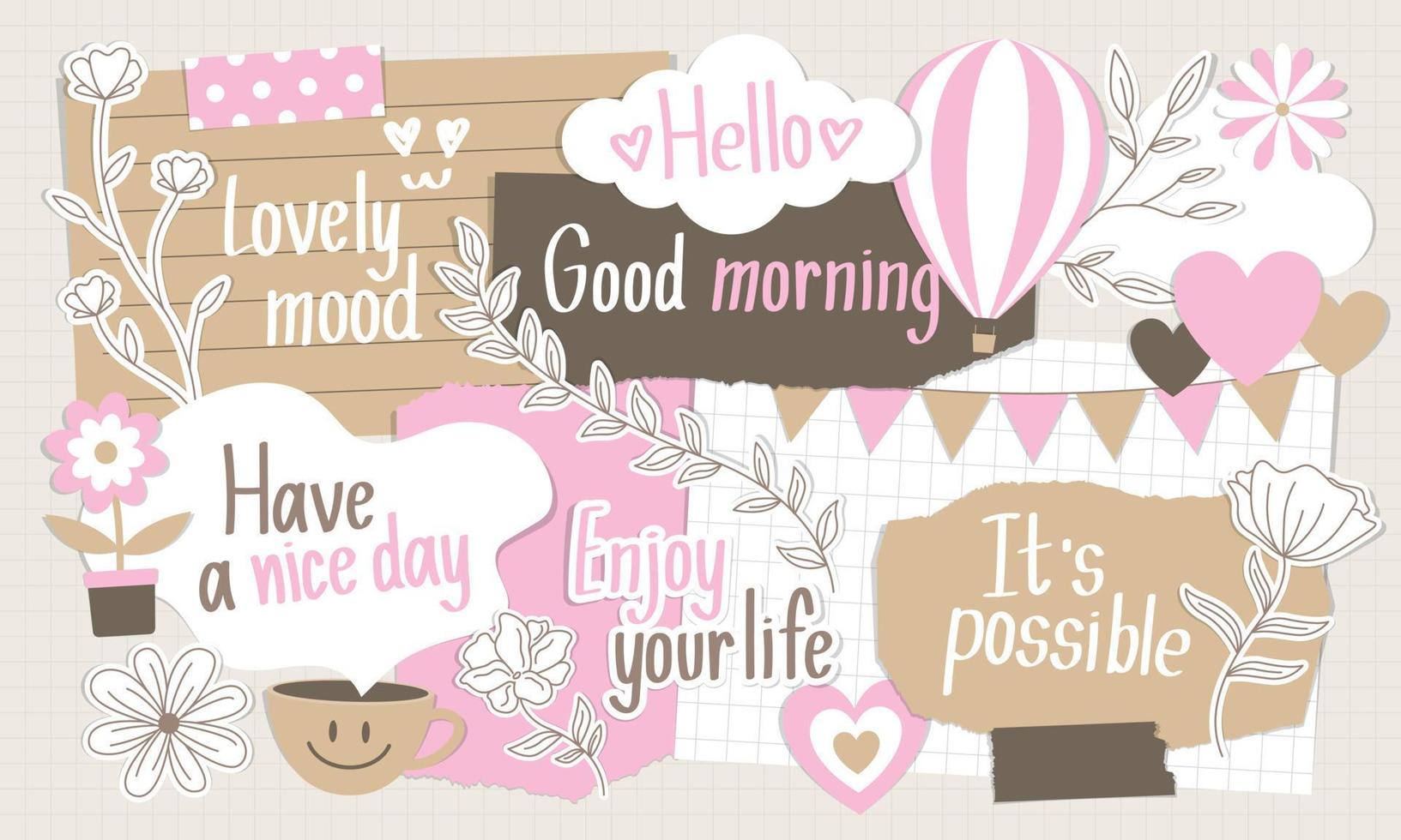 Cute elements and handwriting phrases vector in paper style for scrapbook or collage artwork.