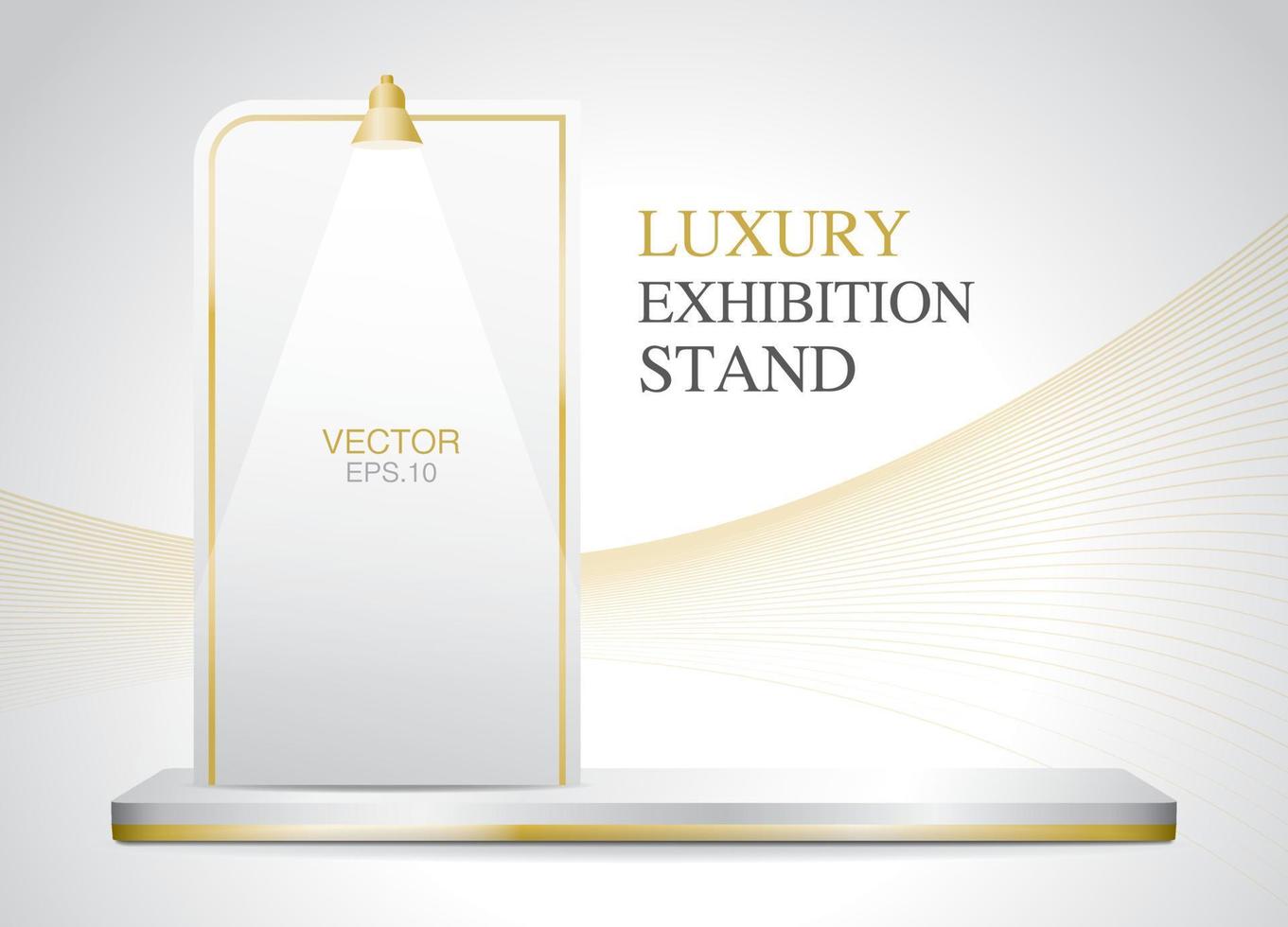Empty luxury long product stage with exhibition board 3d illustration vector for putting your object in white and golden color theme.