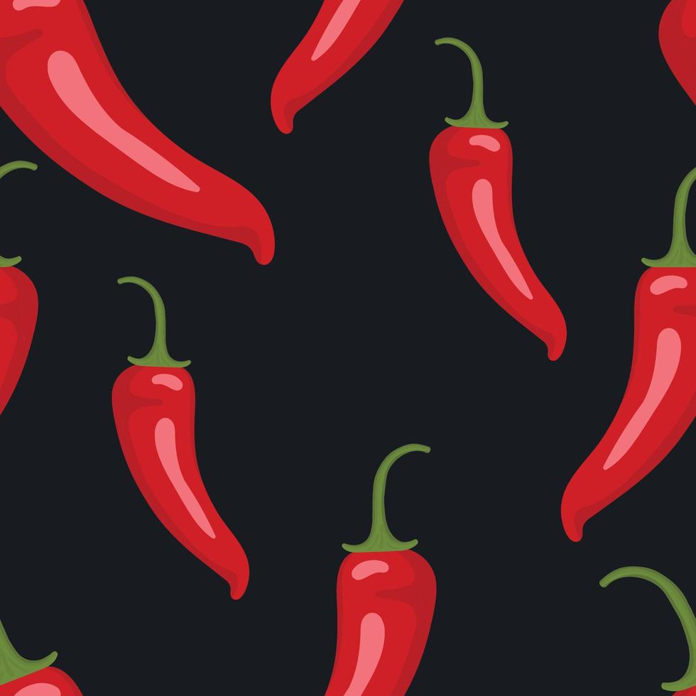 Vector pattern with red peppers. Spicy red pepper. Pattern with peppers on a black background.