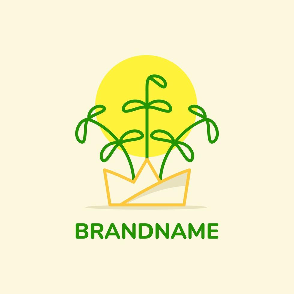 crown and plant logo concept. hand drawn, line, simple and fresh style. green and yellow. suitable for logo, icon, symbol or sign. such as nature and florish logo vector