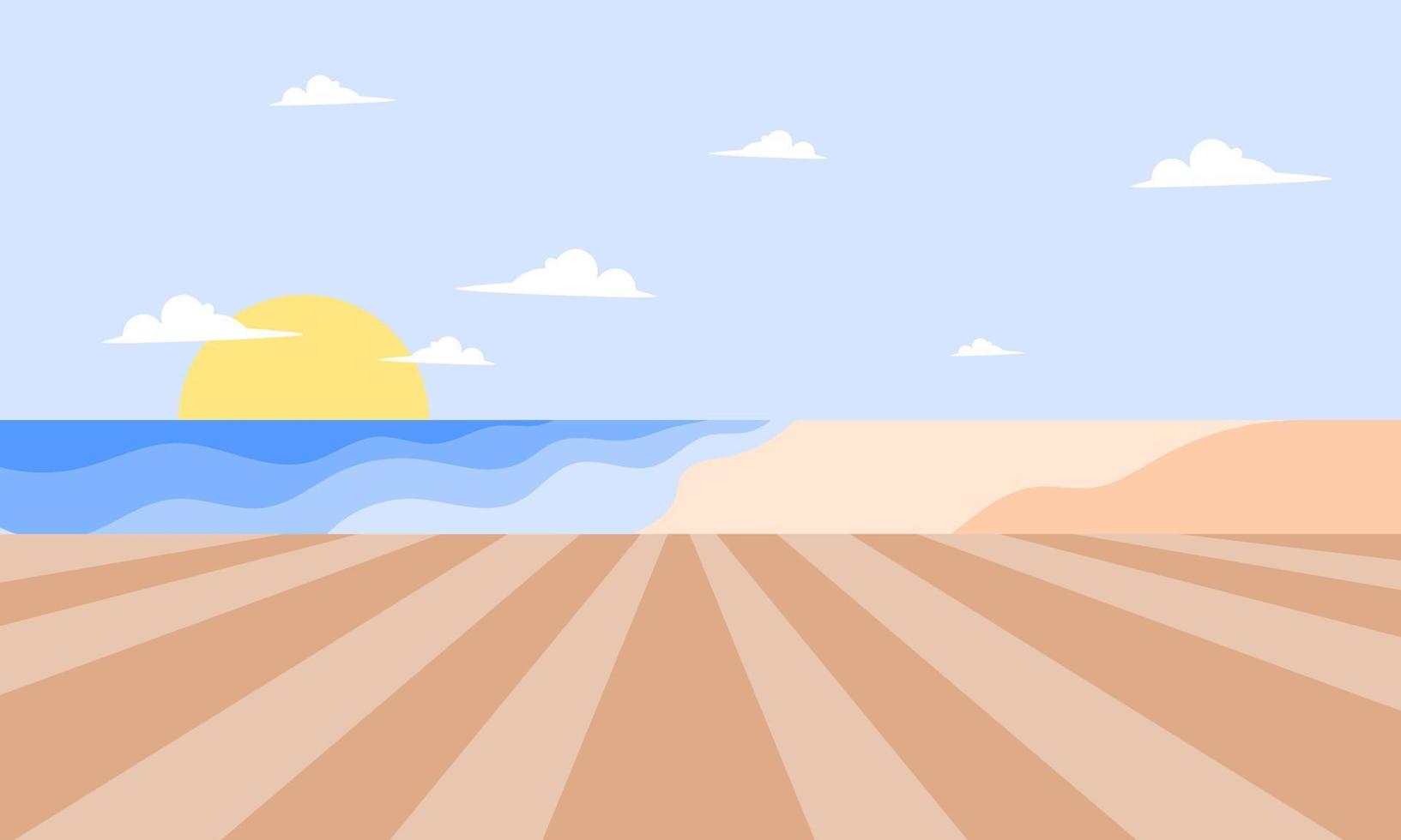 Summer time fun concept design. Creative background of landscape, sea panorama, planks and beach. Summer sale, post template. vector