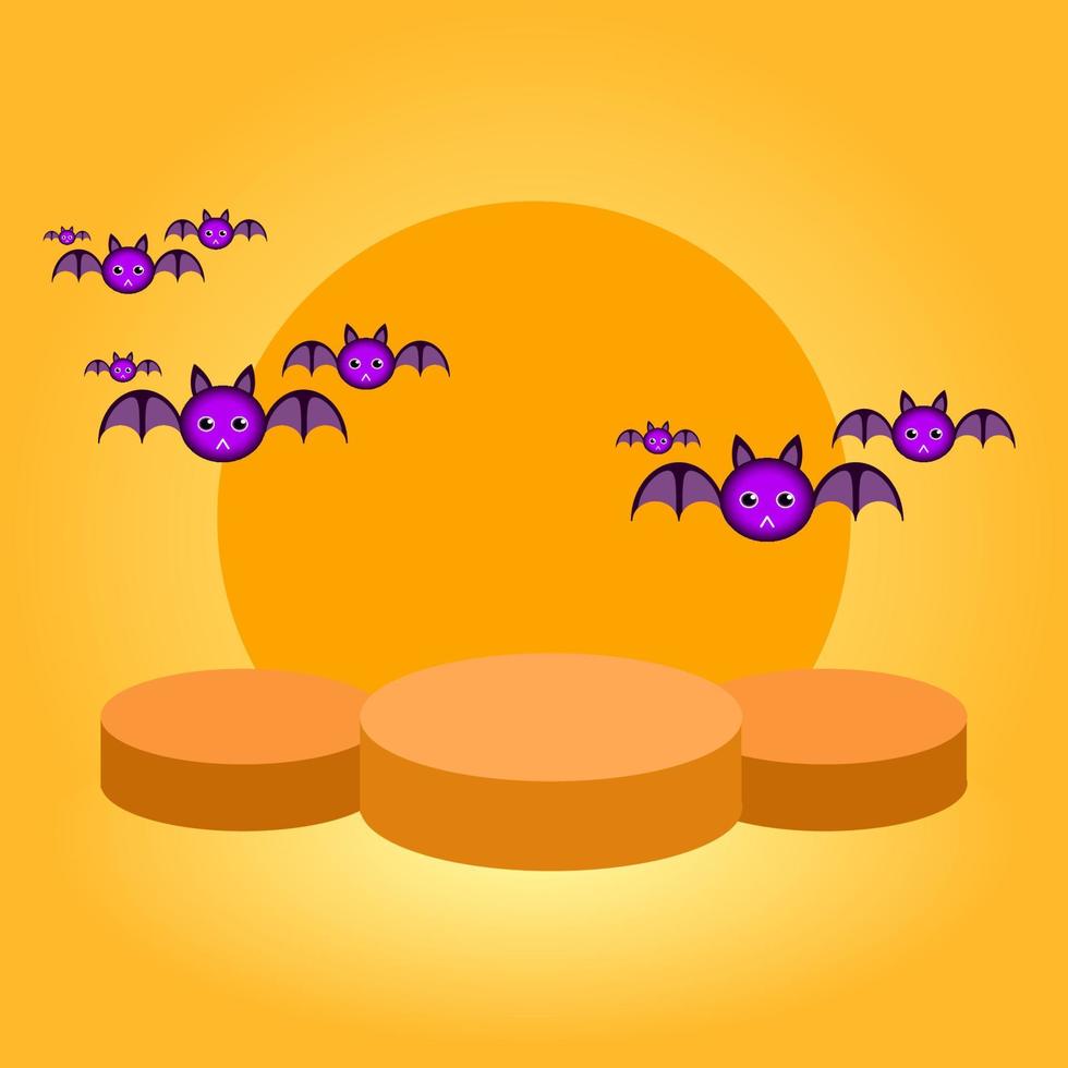 orange background circle podium with cute bat purple illustration. 3d style. suitable for product sale background, flyer, poster and banner vector