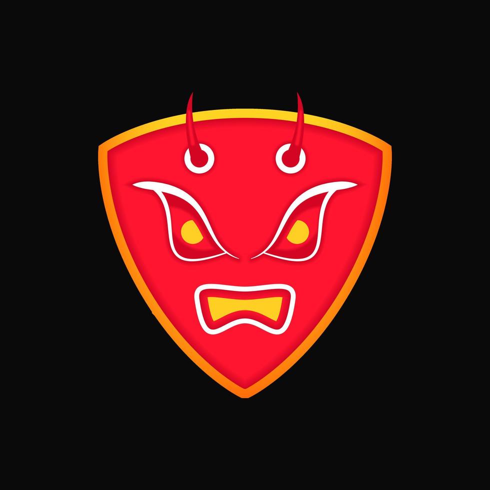 angry devil shield illustration. character, mascot and cartoon style. red, black, orange, and white. suitable for logo, emblem, symbol or sign. such as t shirt design, e sports and defense logo vector