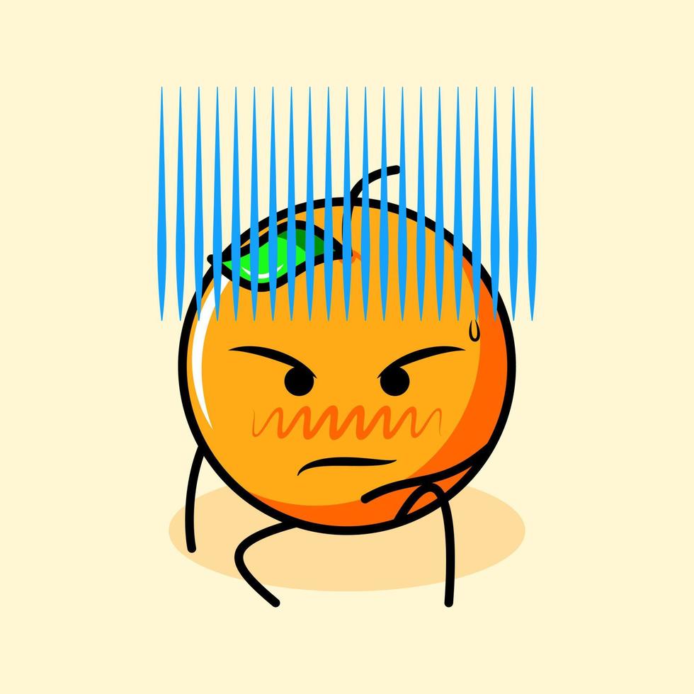 cute orange character with leaf, cool expression, sit down and intimidation. cartoon, emoticon, modern, fresh, outline and mascot logotype. suitable for logo, icon and sign vector