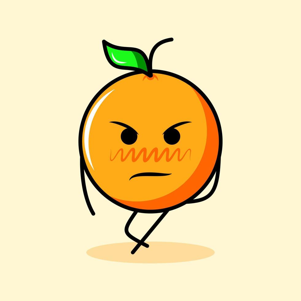 lindo personaje naranja con hoja, expresión genial. caricatura, emoticono, moderno, fresco, contorno y logotipo de mascota. adecuado para logotipo, icono y signo vector