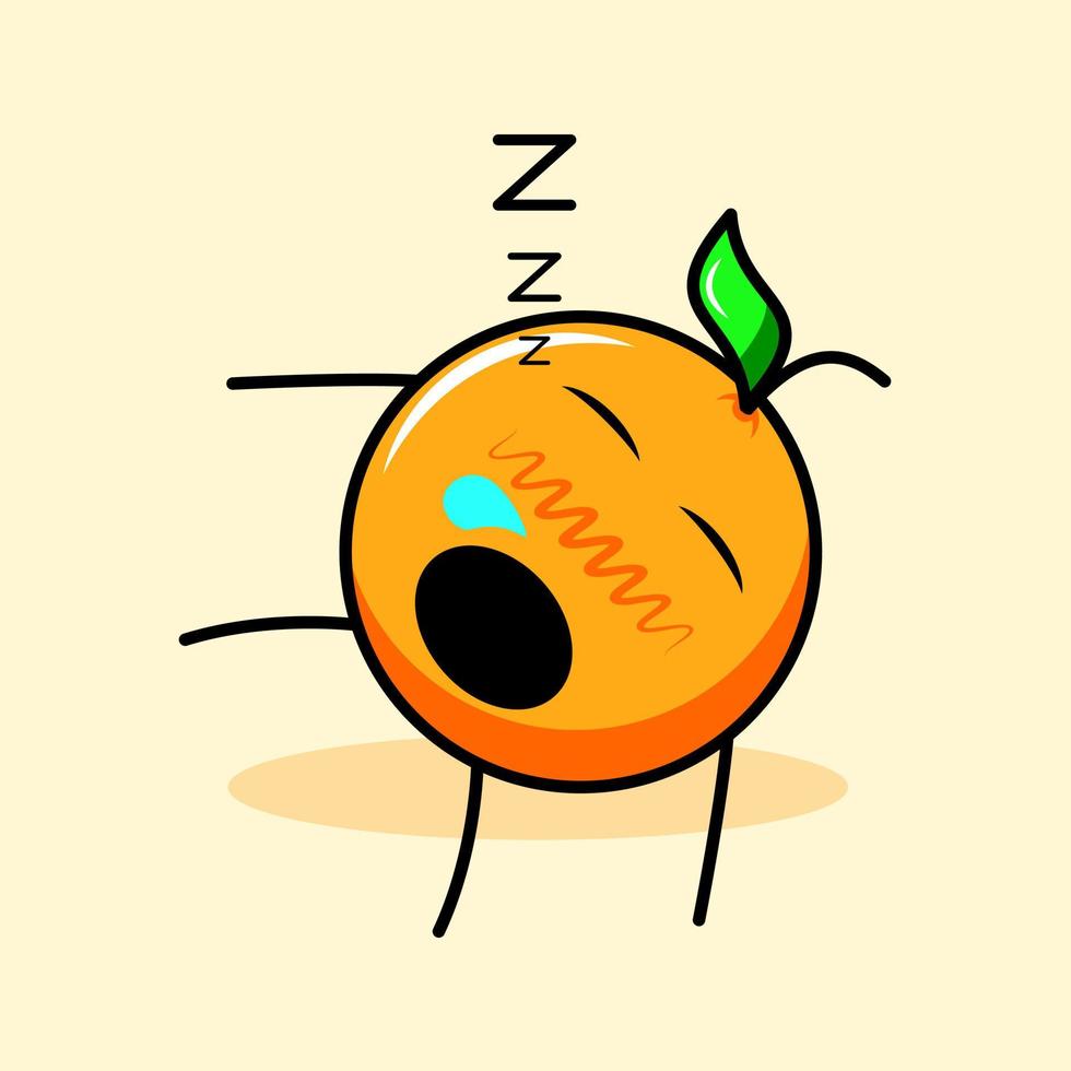 cute orange character with leaf, sleep expression and lie down. cartoon, emoticon, modern, fresh, outline and mascot logotype. suitable for logo, icon and sign vector