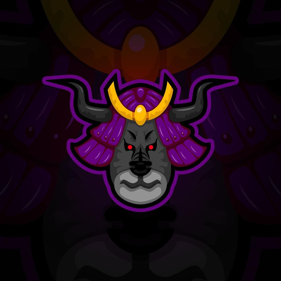 ilustración de samurai de cabeza de toro enojado púrpura negro. estilo aterrador, creativo, animal, caricatura y mascota. adecuado para logotipo, icono, símbolo y signo. como deportes electrónicos, deportes, logotipo fuerte y diseño de camisetas vector