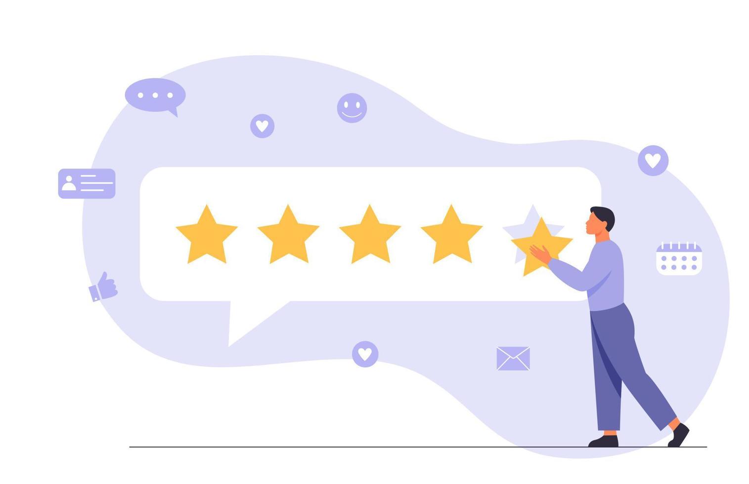 Man character giving five star feedback. Client evaluating product, service. Customer satisfaction assessment concept. Flat vector illustration.