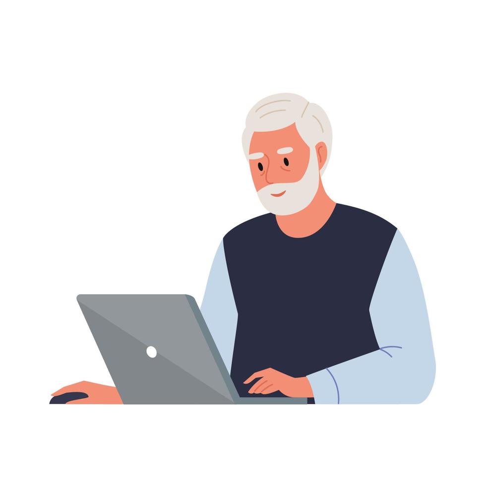 Happy grandpa with laptop. Freelance, online training, email checking, webinar. Concept of technology and old people. Flat vector illustration.