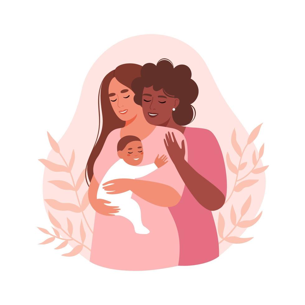 Happy lesbian couple with a newborn baby. Concept of pregnancy, family, motherhood. Flat vector illustration.