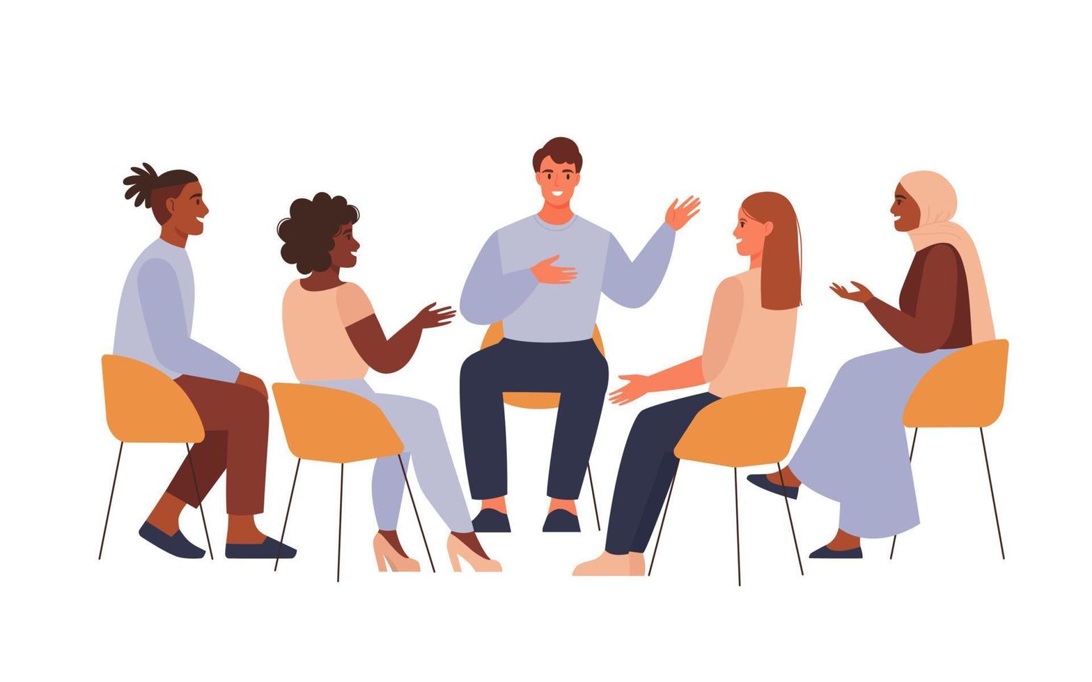 Group therapy session. Different people sitting in circle and talking. Concept of group therapy, counseling, psychology. Flat vector illustration.