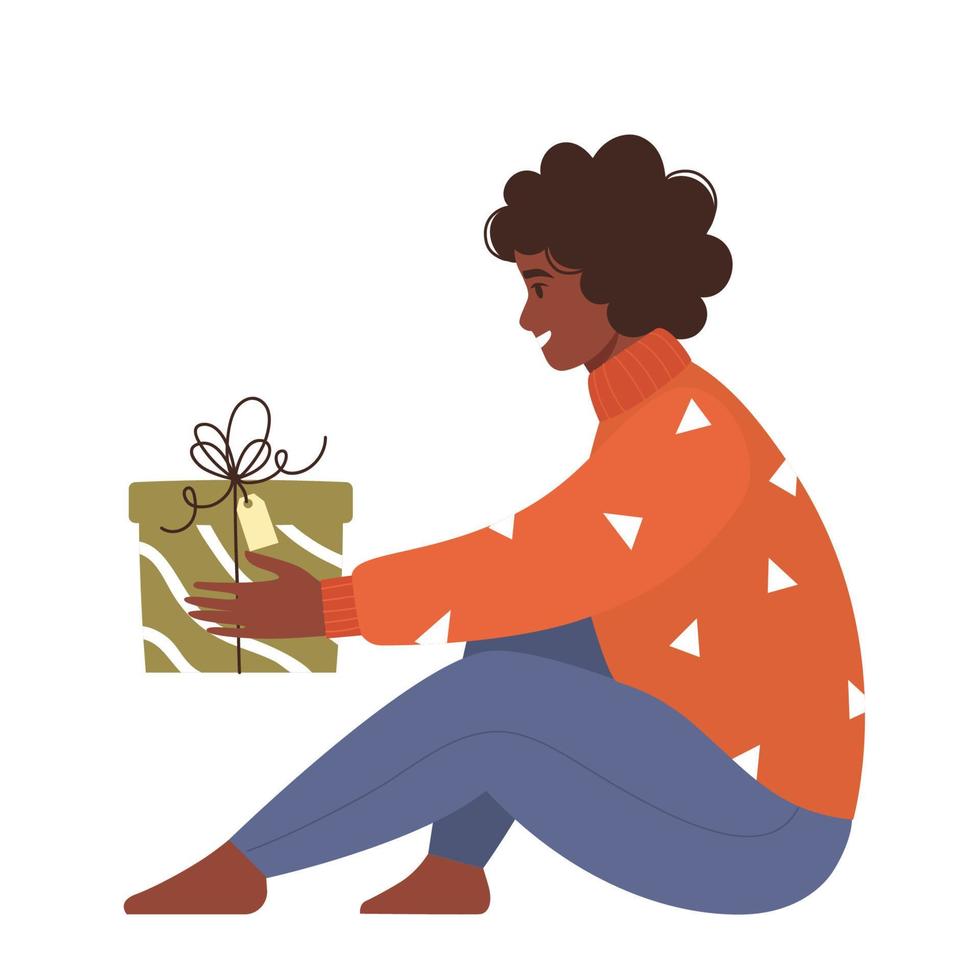 Happy woman with present. Person giving or receiving gift. Flat vector illustration.