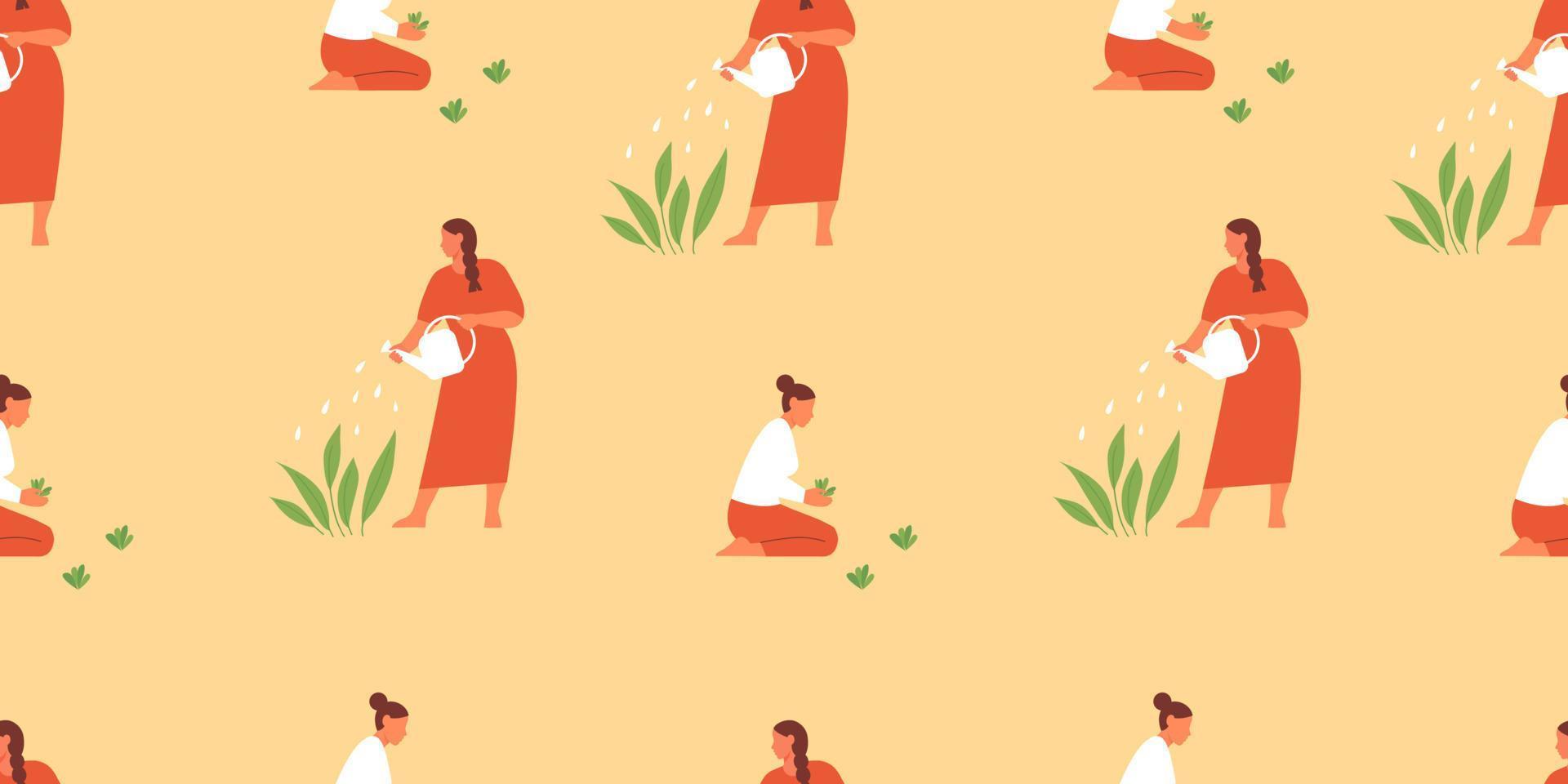 patrón sin costuras con gente de jardinería. las mujeres trabajan en el jardín cuidando las plantas. ilustración vectorial plana. vector