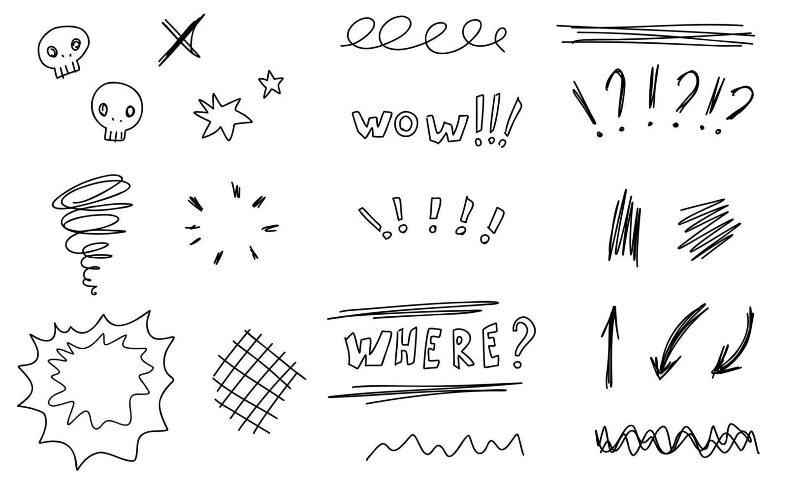 Doodle tornado, nature, arrow, stars, skull, text. Sketch set cute isolated line collection. vector