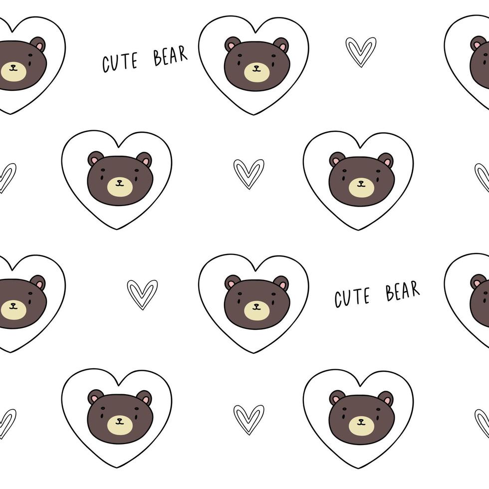 Cute brown bear white pattern with hearts doodle. Hand drawn seamless paper with forest animals for baby. vector