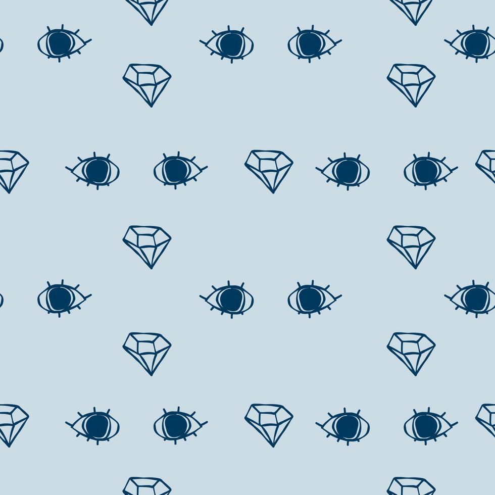 Cute pattern with line crystals, eyes seamless background. Blue textile for child. Minimalism you are a diamond paper scrapbook for kids. vector