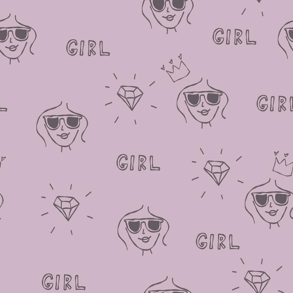 Cute pink pattern with line faces, doodle girl, crown, diamond. Seamless background textile. Minimalism paper scrapbook. vector