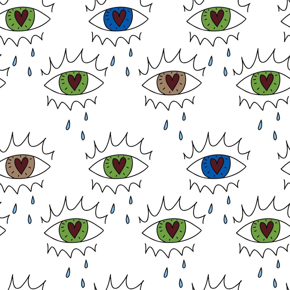 Hand drawn doodle white abstract seamless wallpaper with eyes line tears, hearts. Cute vector pattern for paper, fabric, bedroom, kid.