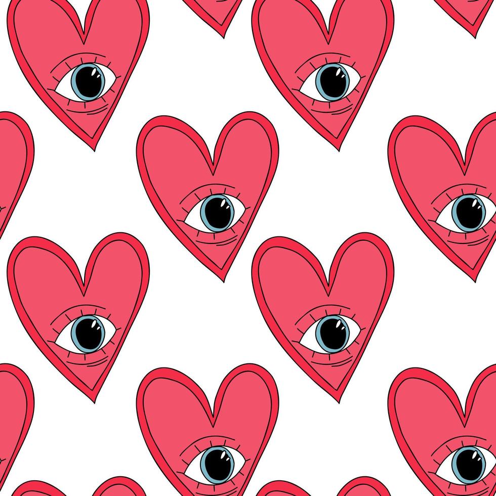 Cute blue eyes white pattern with doodle red hearts. Hand drawn seamless. Cute vector pattern for paper, fabric, kid.