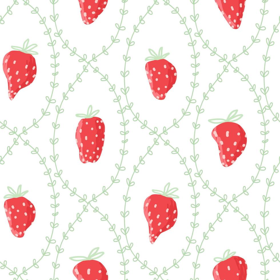 Hand drawn cute doodle strawberries pastel green seamless pattern. Red berry paper line flowers, food textiles for kitchen, kids. Minimalism paper scrapbook. vector