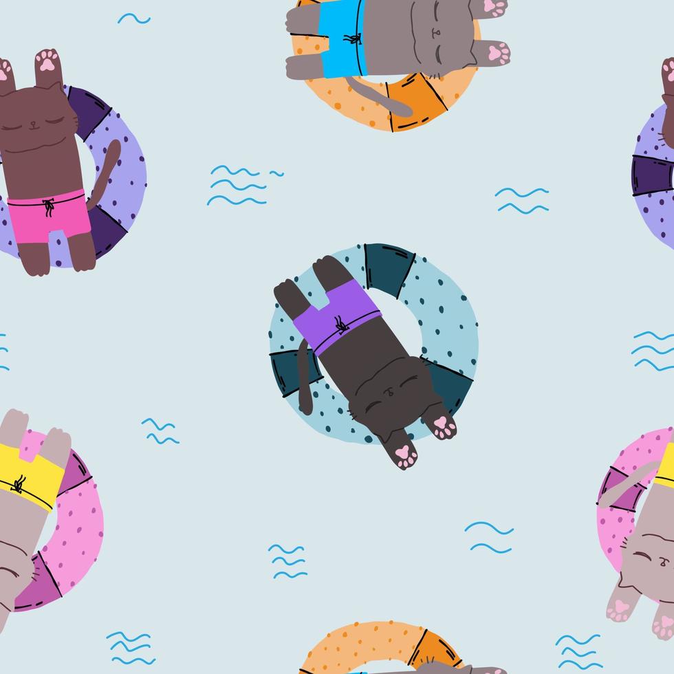 Cute blue pattern with cats relax by the sea, swim in the pool. Pets seamless background. Textiles for children, Digital paper scrapbook. vector