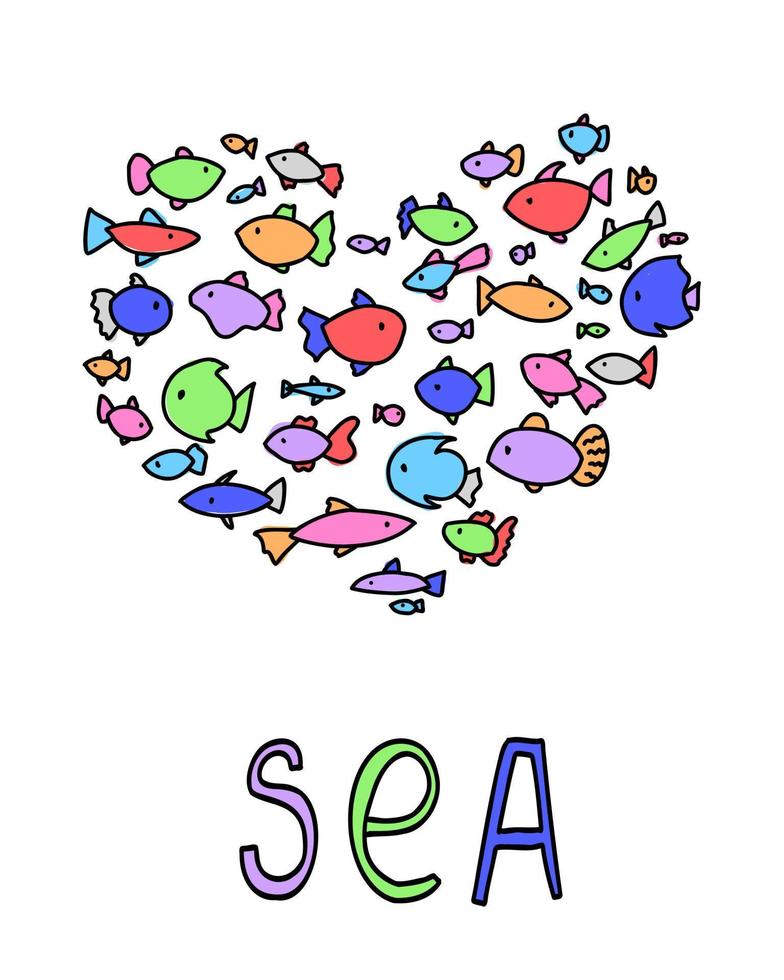 Cute text I love multicolored fish set doodle line. Marine aquarium collection print. vector