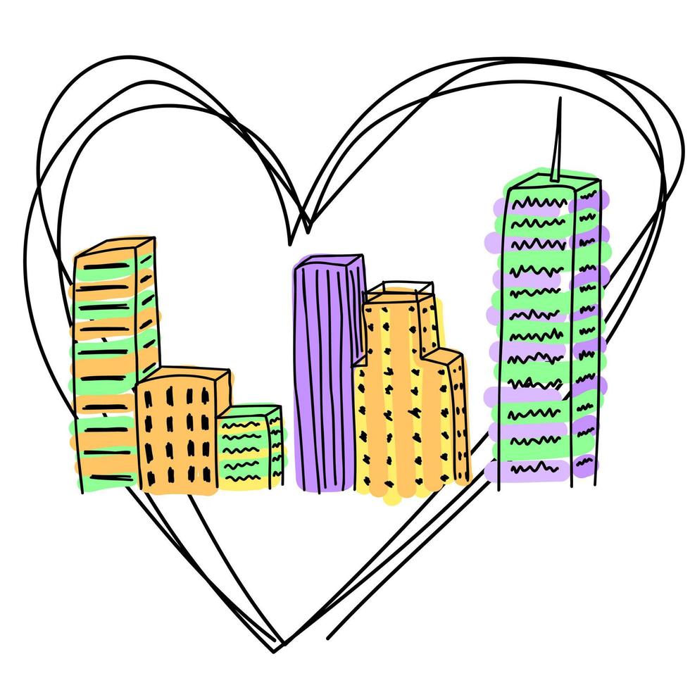 Silhouette line heart outline I love city isolated. Doodle outlines background. Offices apartments. vector