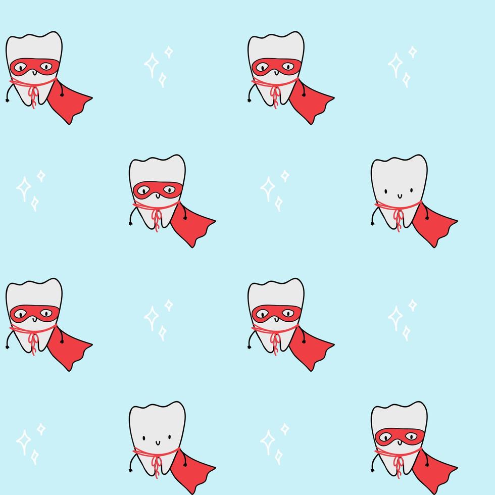Cute blue pattern with line faces, stars, doodle the tooth is superman. Seamless background textile. Minimalism paper scrapbook. vector
