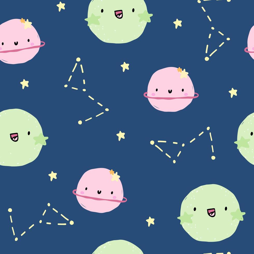 Cute pattern with planets and stars in space. Blue paper for scrapbooking doodle cosmos. vector