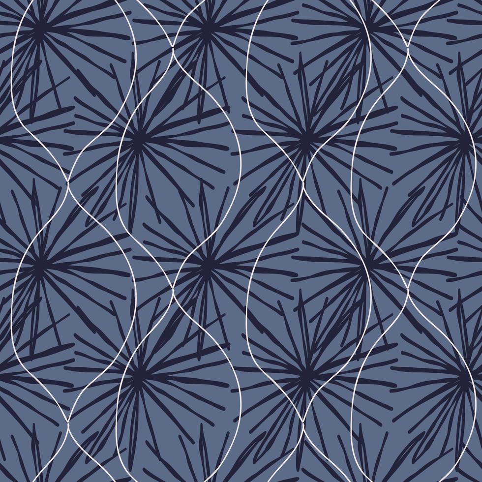 Dark blue line black flowers. Cute seamless pattern with white doodle. Texture, textiles, children wallpaper. vector