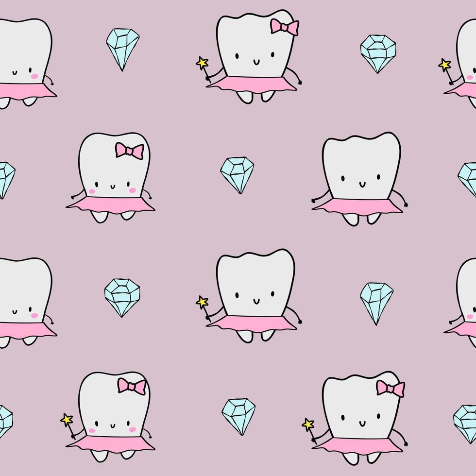 Cute pink pattern with line faces, doodle the tooth fairy, diamonds. Seamless background textile. Minimalism paper scrapbook. vector