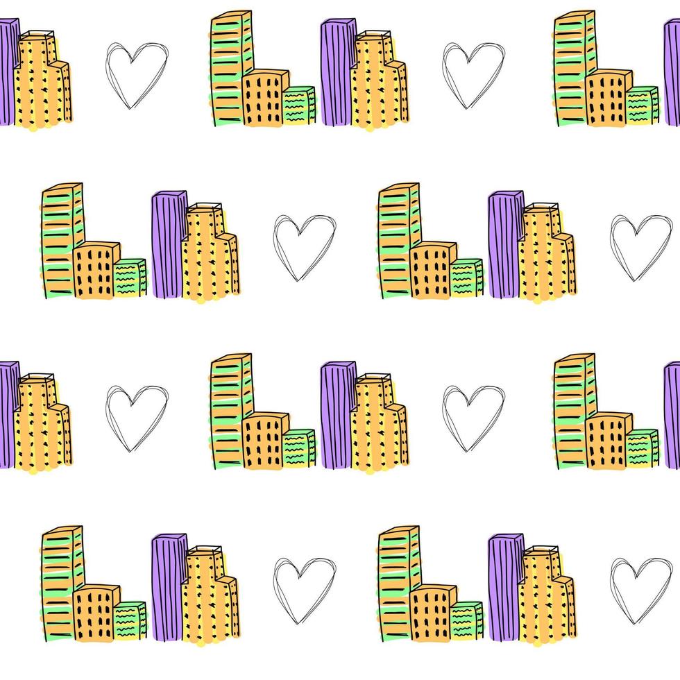 Silhouette line outline of a large city pattern. White background doodle hearts and house. vector