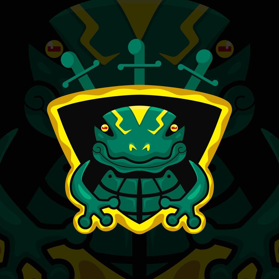 green frog with shield and swords illustration. creative, animal, cartoon and mascot style. green and yellow. suitable for logo, icon, symbol and sign. such as e sports, sports and strong logo vector