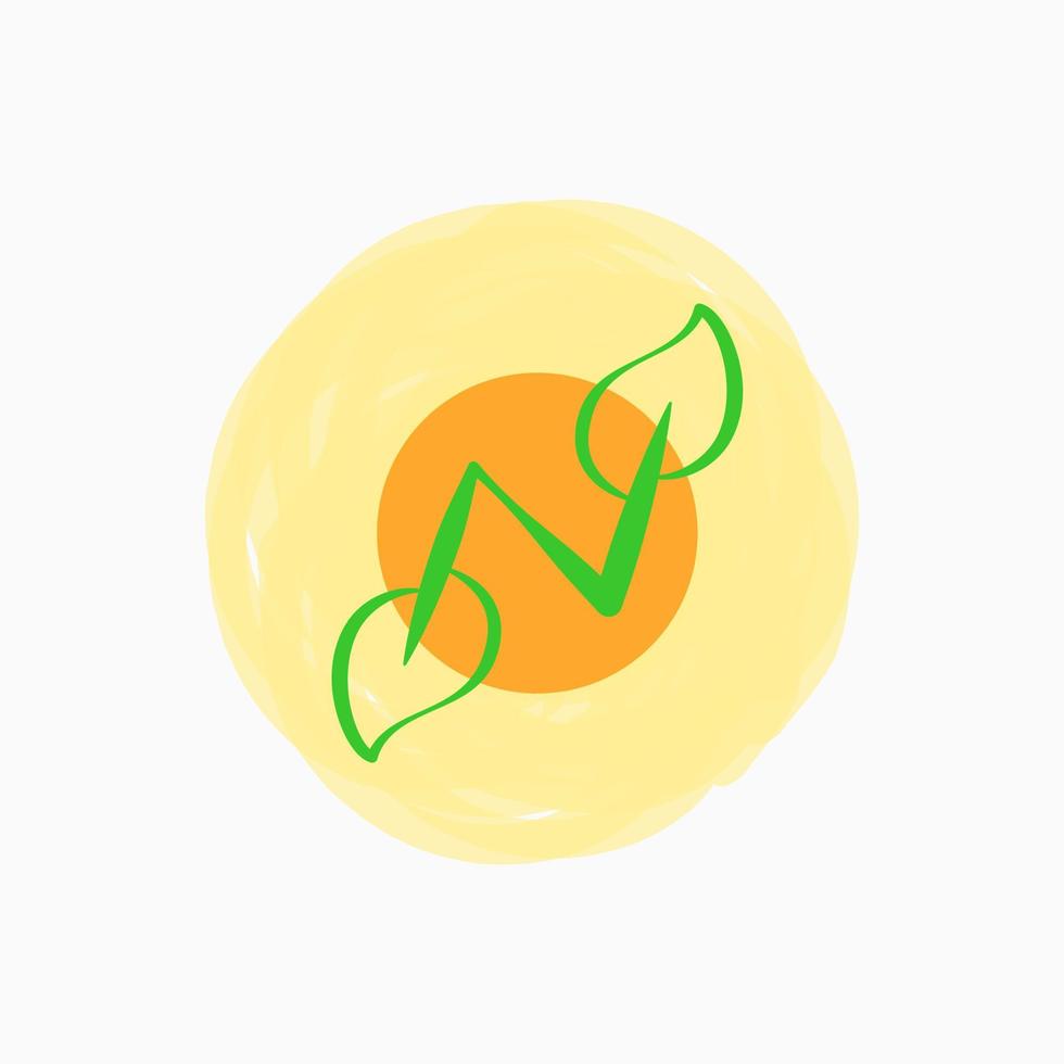 concepto de logotipo de naturaleza de letra n y hoja. verde y naranja. logotipo dibujado a mano, línea, simple y único. adecuado para logotipo, icono, símbolo o signo. como el logotipo inicial y de la naturaleza vector