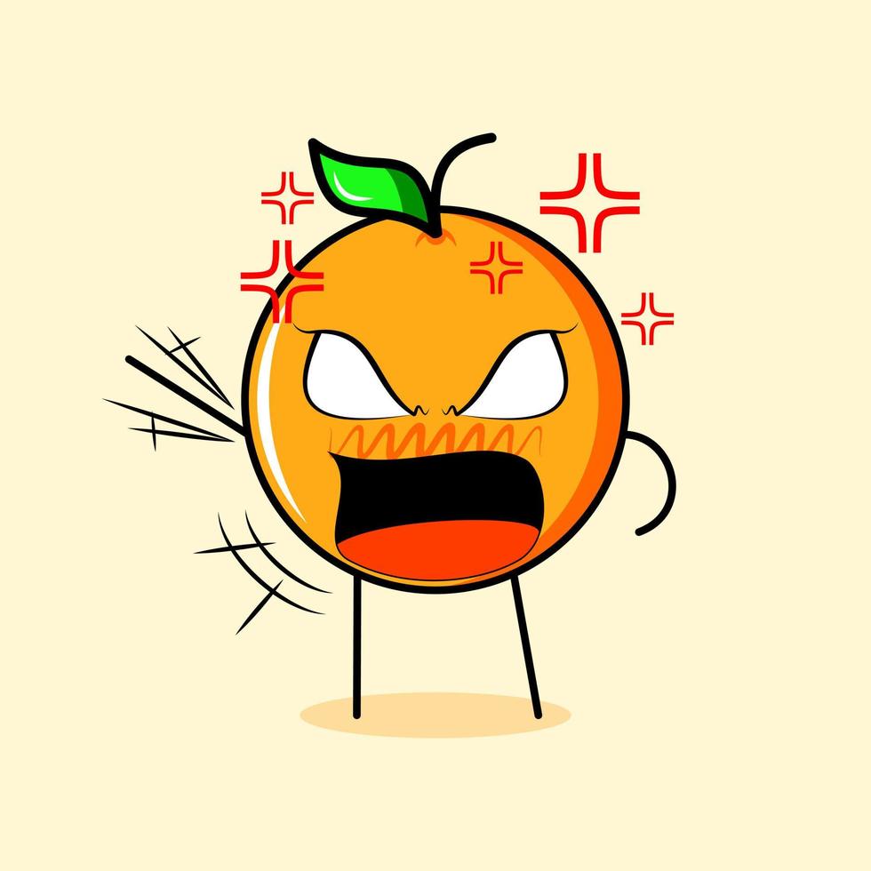 cute orange character with angry expression. suitable for emoticon, logo, mascot. one hand raised, eyes bulging and mouth wide open vector