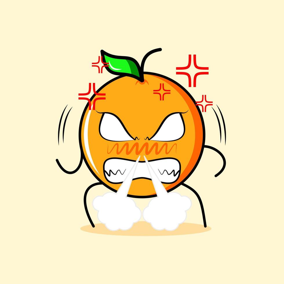 cute orange character with angry expression. nose blowing smoke, eyes bulging and grinning. suitable for emoticon, logo, mascot vector