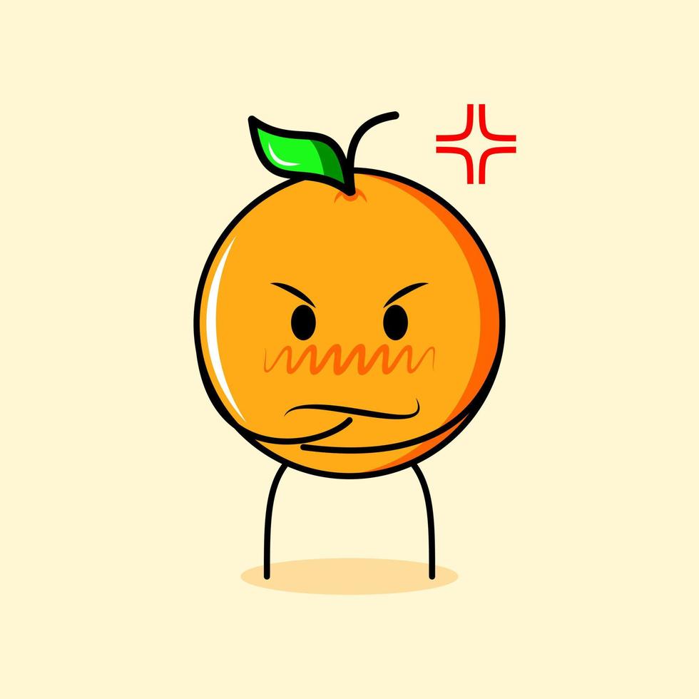 lindo personaje naranja con expresión enojada. adecuado para emoticono, logo, mascota. una mano en la barbilla vector
