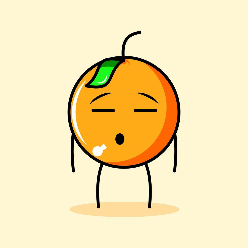 lindo personaje naranja con hoja, expresión plana y ojos cerrados. caricatura, emoticono, moderno, fresco, contorno y logotipo de mascota. adecuado para logotipo, icono y signo vector