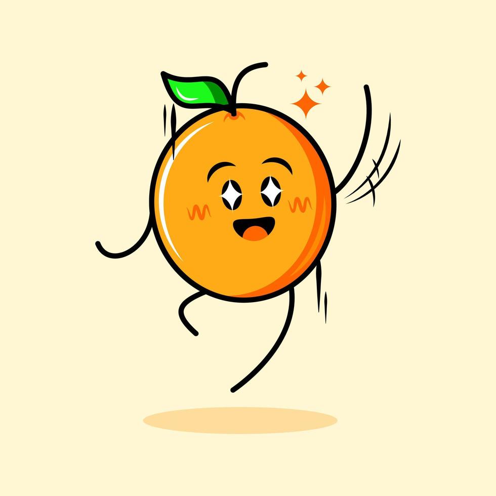 cute orange character with happy expression, sparkling eyes and jump. cartoon, emoticon, modern, fresh, outline and mascot logotype. suitable for logo, icon and sign vector