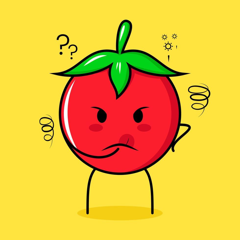 cute tomato character with thinking expression and hand placed on chin. green, red and yellow. suitable for emoticon, logo, mascot vector