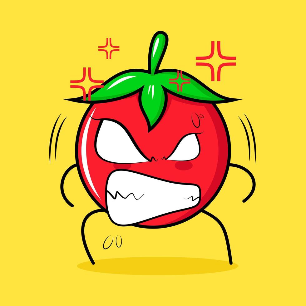 lindo personaje de tomate con expresión enojada. ojos saltones y sonrientes. verde, rojo y amarillo. adecuado para emoticonos, logotipos, mascotas vector