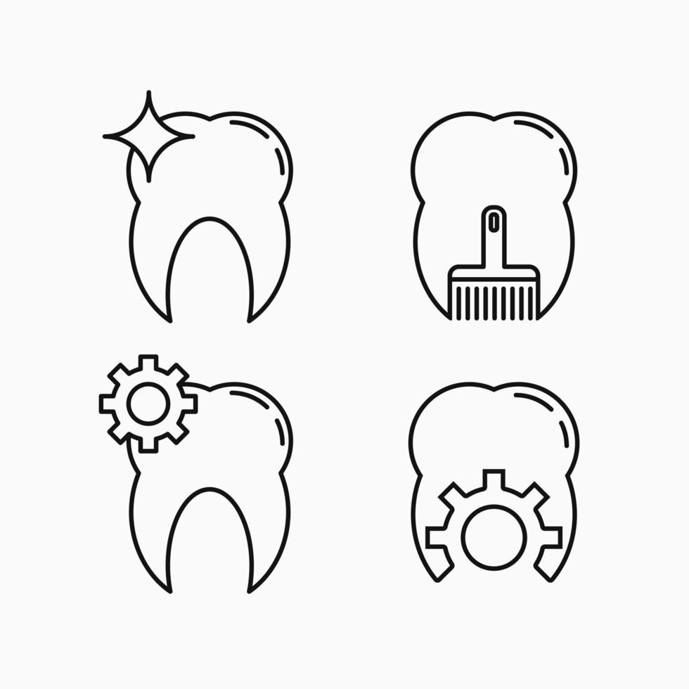 conjunto de icono de línea dental. dientes con escoba, dientes con engranajes y dientes con concepto brillante. en blanco y negro. adecuado para logotipo, icono, símbolo o signo vector